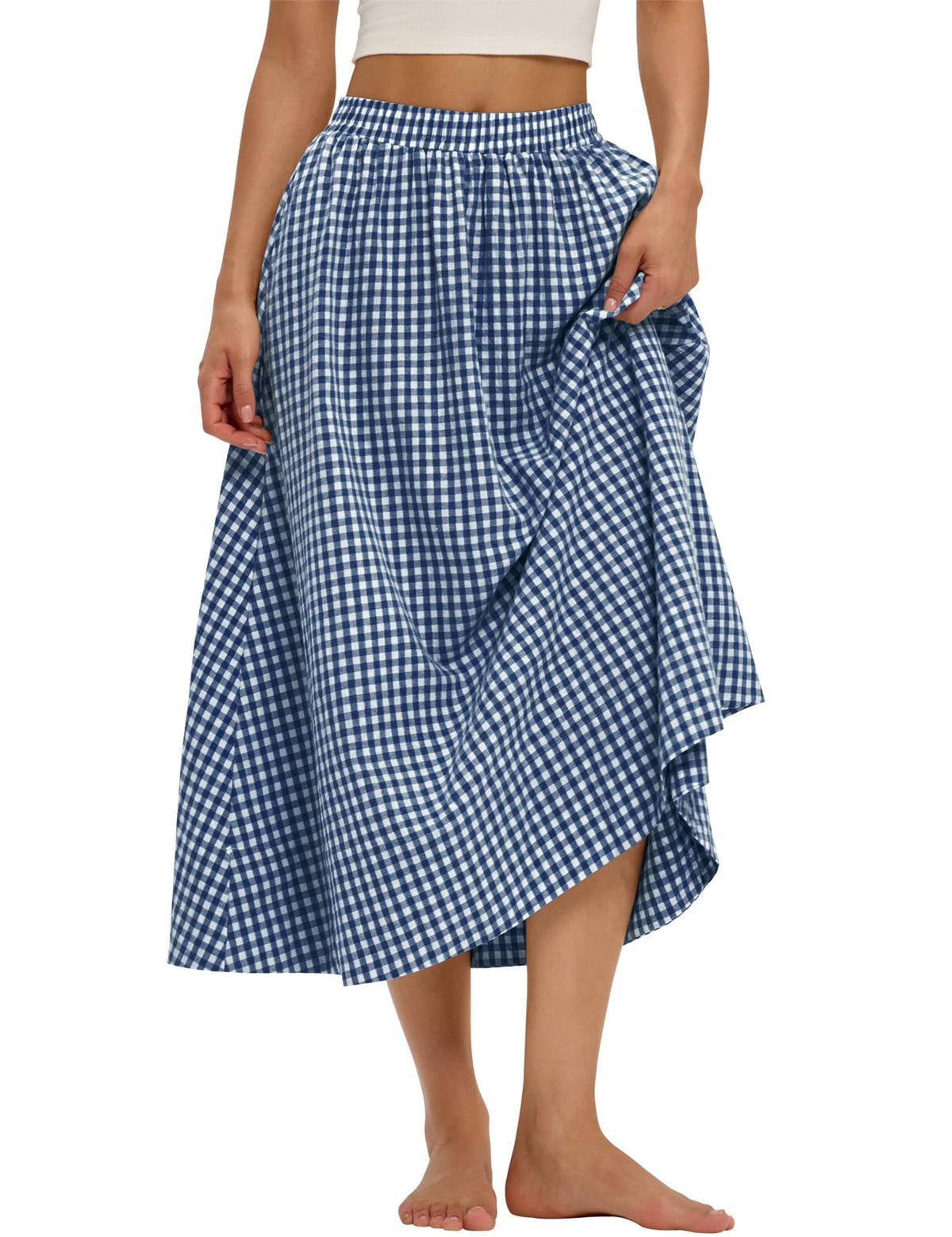 LOMON Midi Skirts for Women with Pockets A-Line Cotton Flowy Elastic Waist