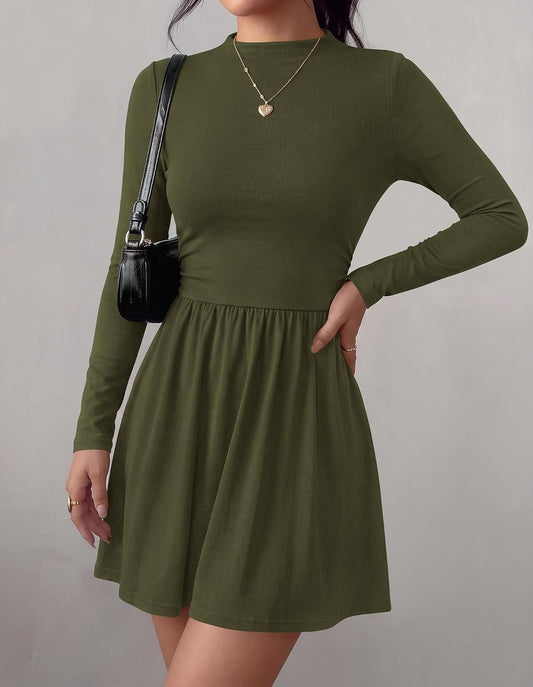 BTFBM Long Sleeve Dresses for Women Mock Neck A Line Flowy Mini Dress