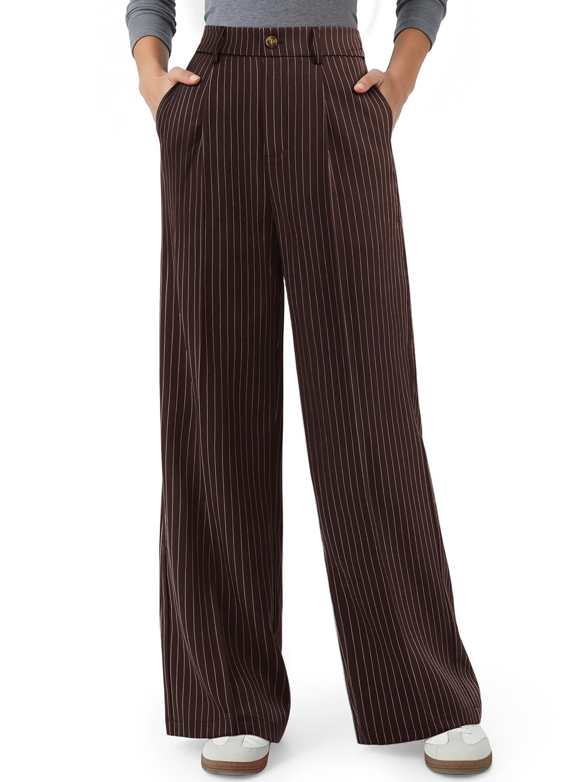 NIMIN Women High Waisted Dress Pants Striped Work Trousers with Pockets