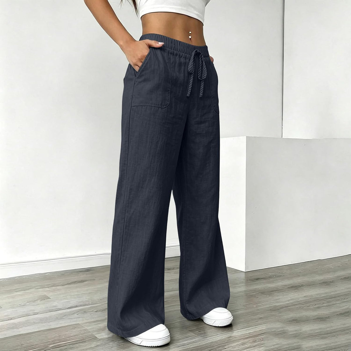 YRAETENM Wide Leg Linen Pants for Women Drawstring High Waisted Trousers