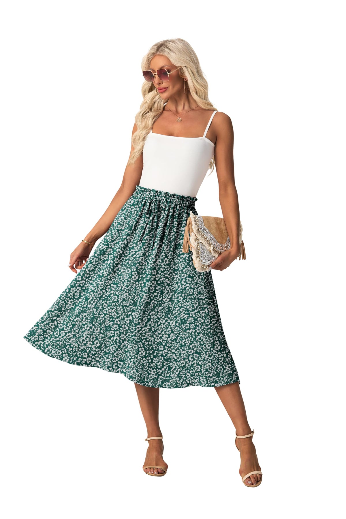 FREEOAK High Waist Skirts for Women Below Knee Casual Flowy Summer Midi Skirts Palazzo A-Line Long Skirt with Pockets