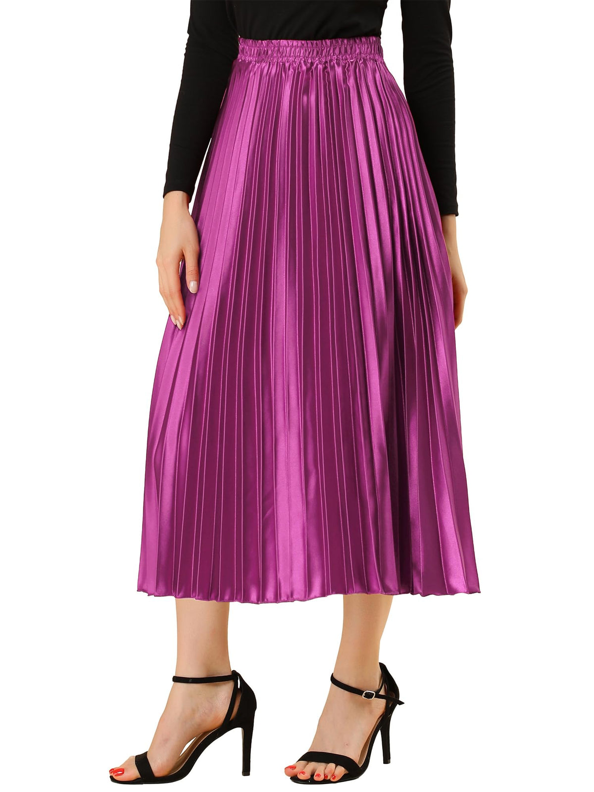 Allegra K Women Pleated Midi Skirt High Waisted Metallic Party Skirts