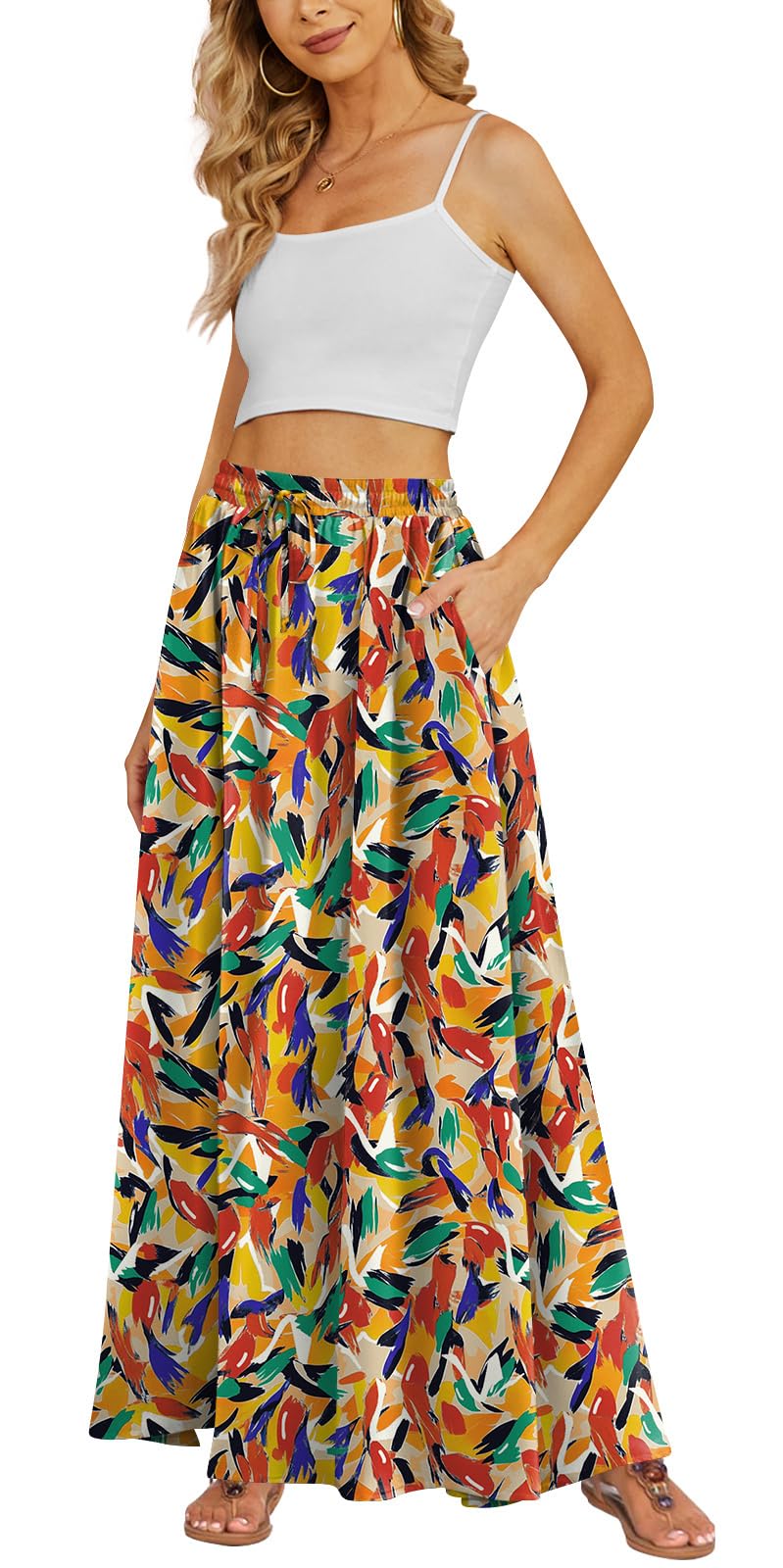 Yincro Women's Maxi Skirt Flowy High Waist Casual Long Skirts with Pockets