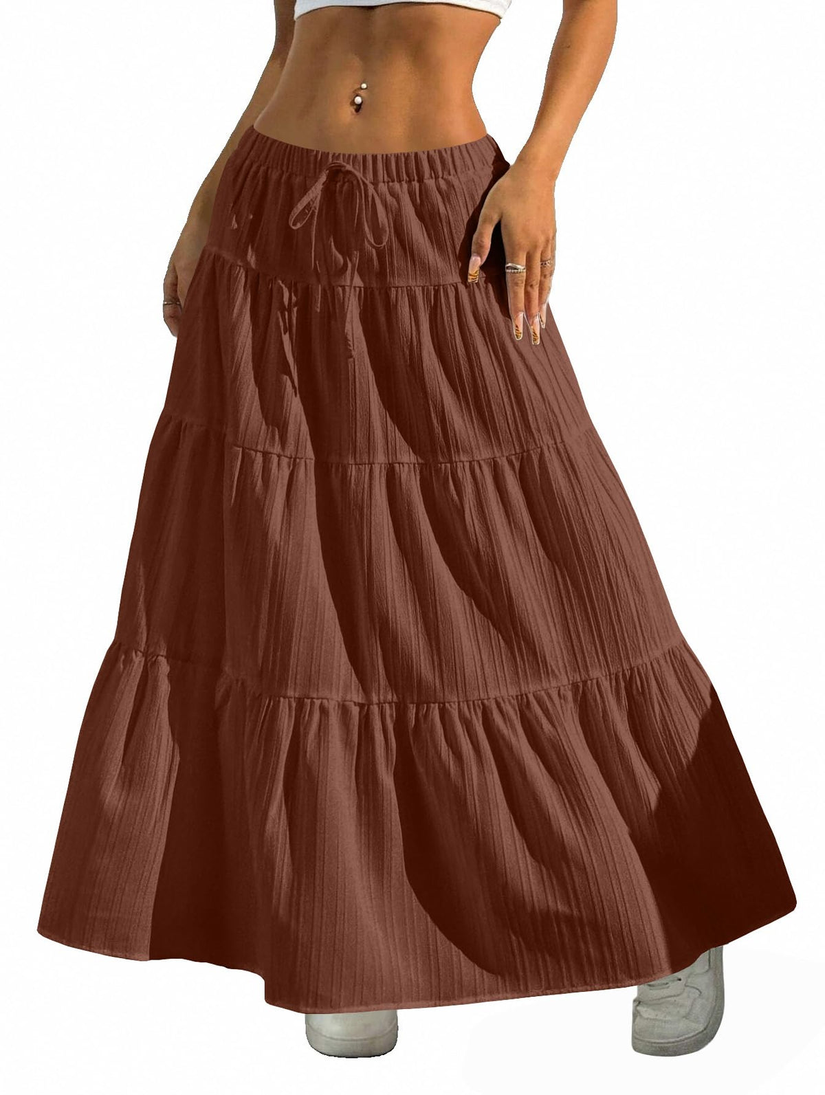 Maxi Skirt for Women Long Boho Flowy Ruffle Elastic High Waist