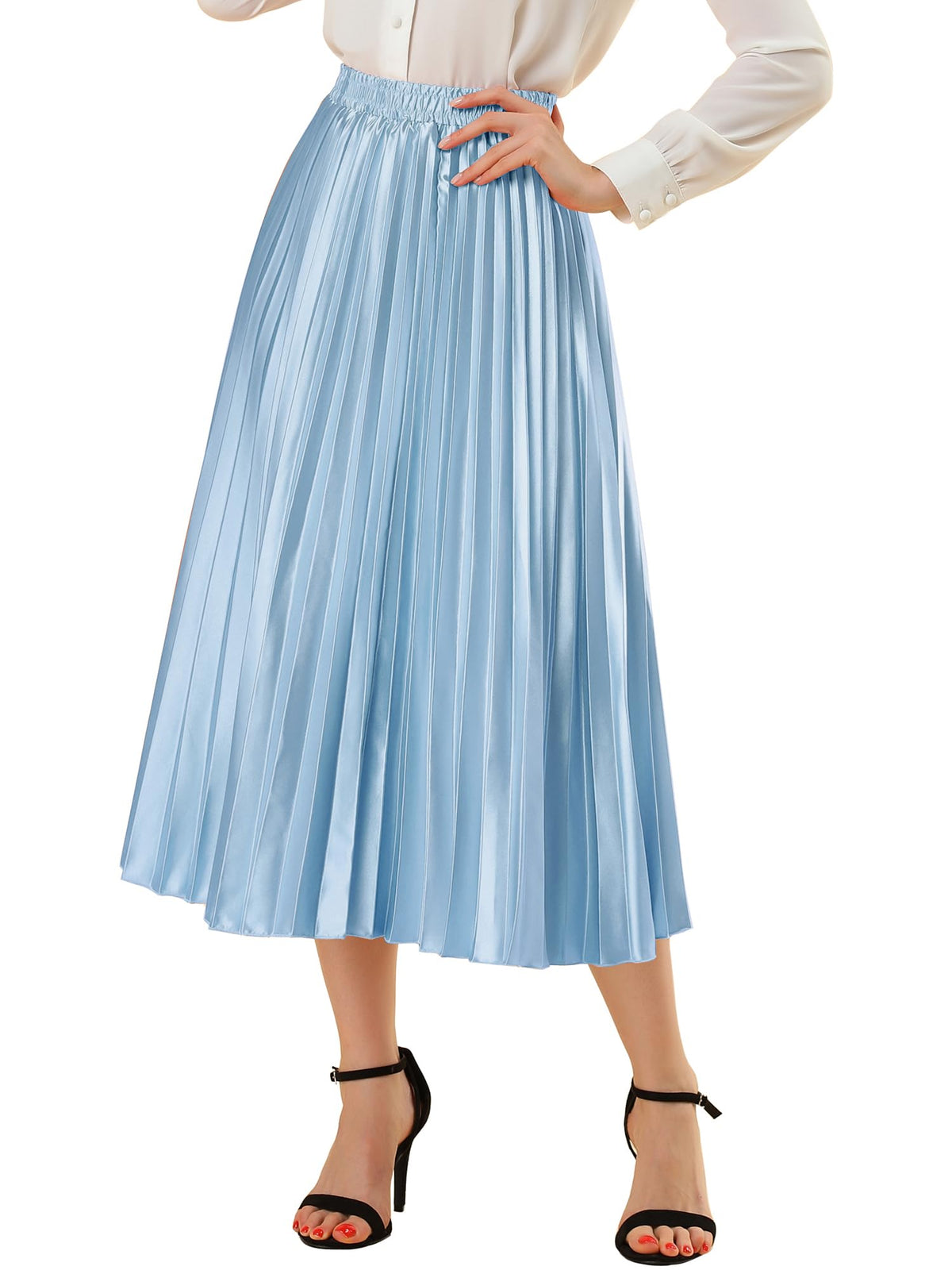 Allegra K Women Pleated Midi Skirt High Waisted Metallic Party Skirts