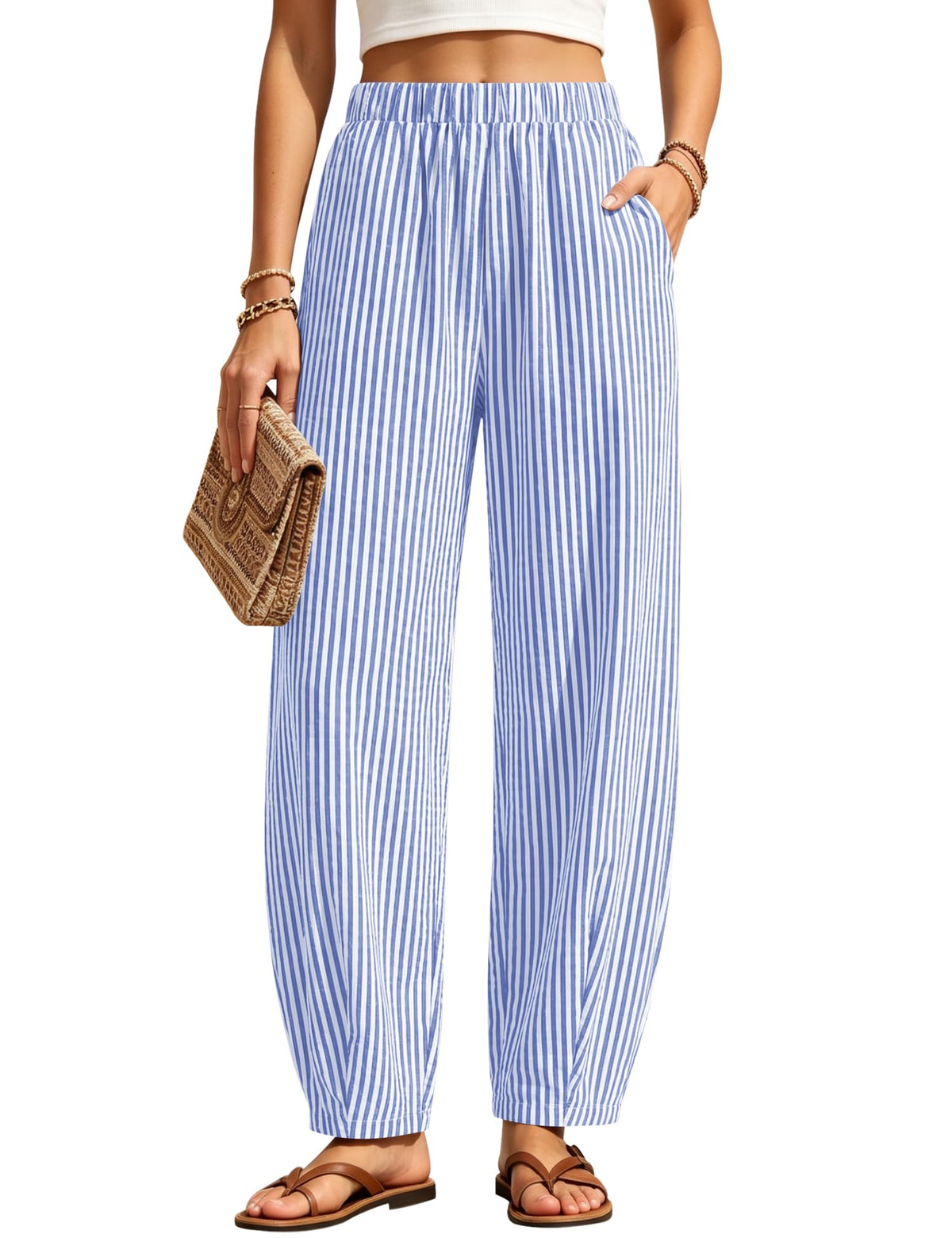 LOMON Womens Barrel Harem Travel Pants Baggy Casual Gingham Striped Bottoms