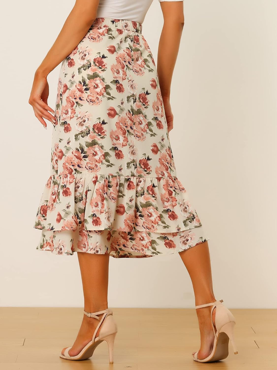 Allegra K Women's Printed Skirt Chiffon Ruffle Tiered Flowy Midi Skirts