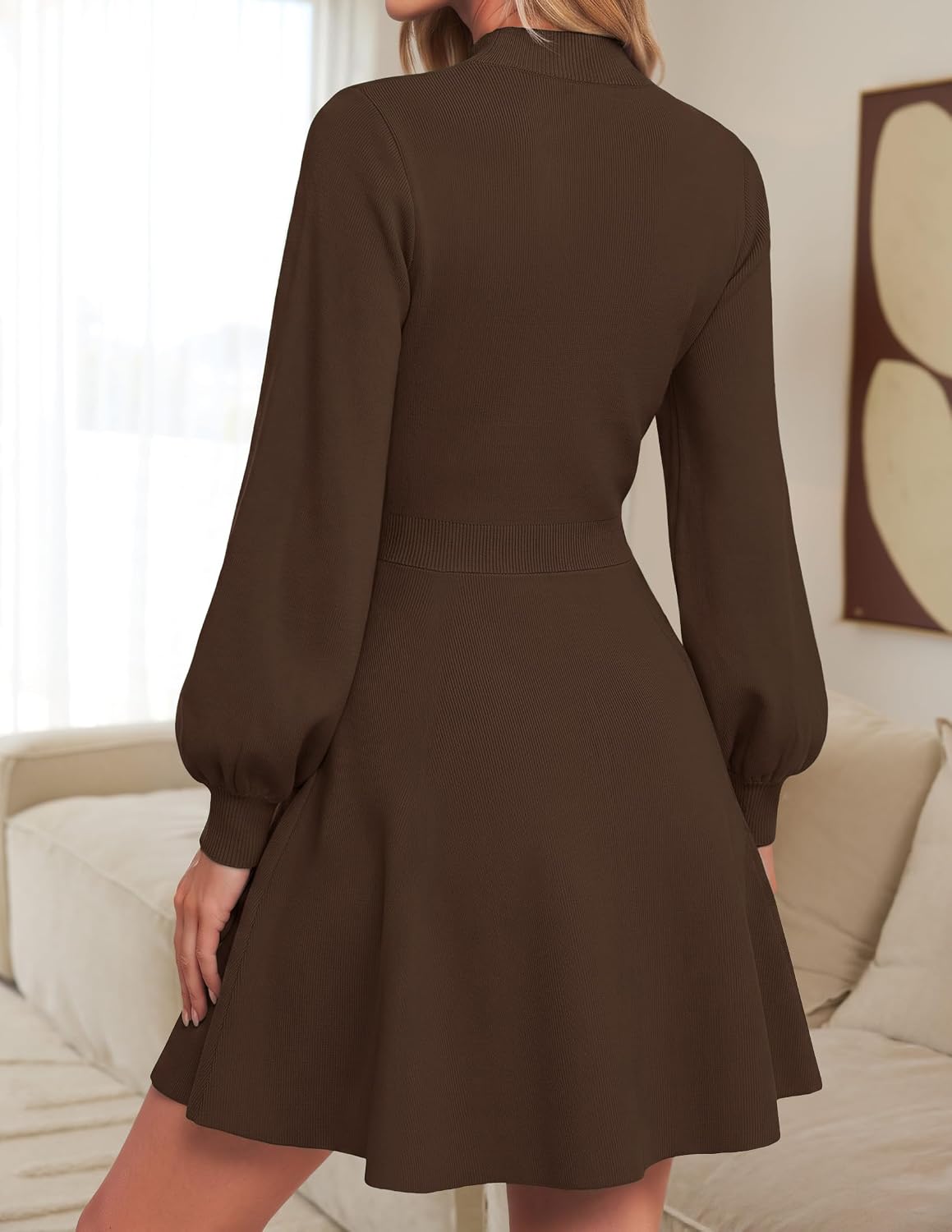 ZESICA Womens Fall Mock Neck Long Lantern Sleeve Sweater Mini Dress