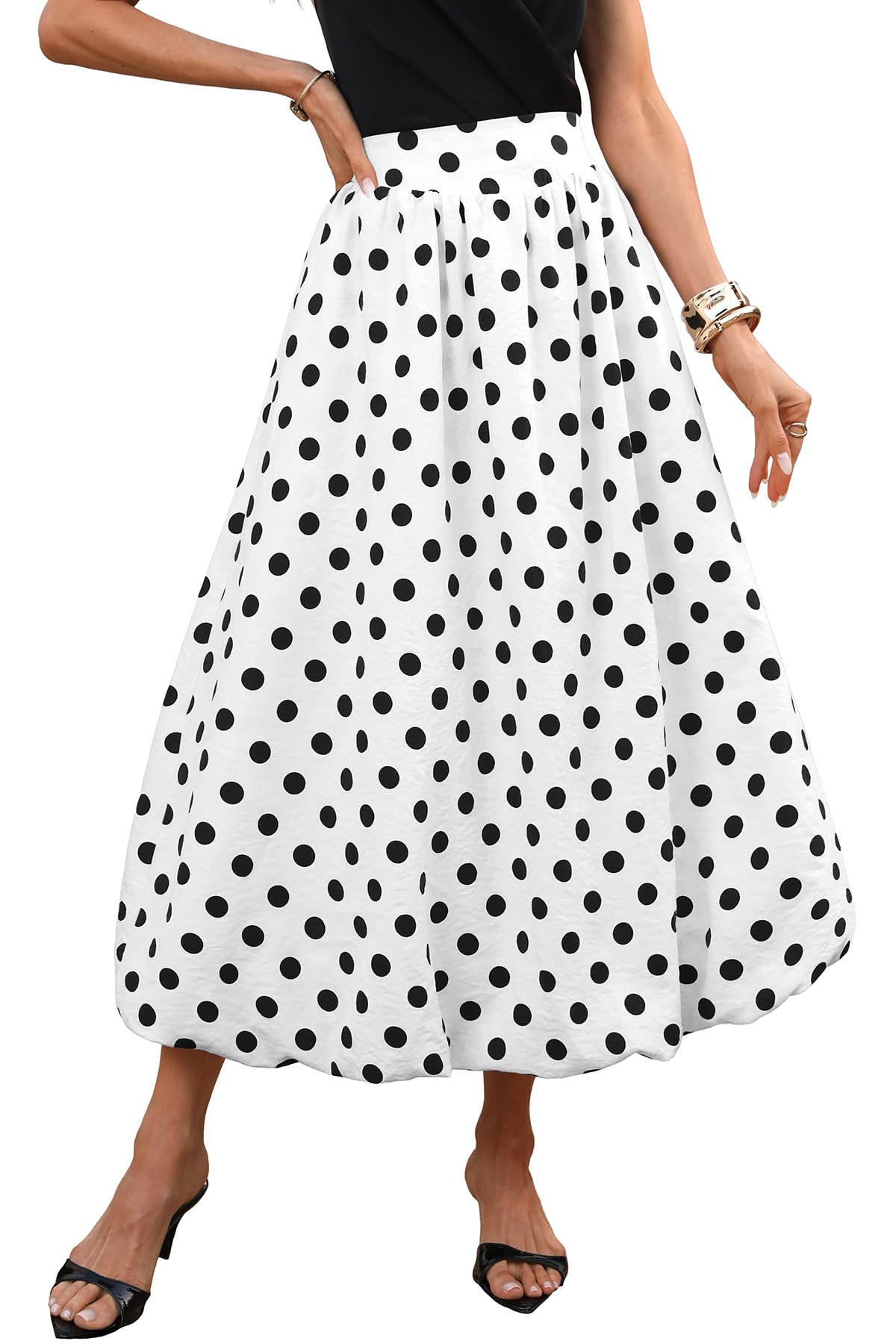 ELLEVEN Women's Bubble Maxi Skirt, Elastic Waist Puffy Hem A-Line Skirts