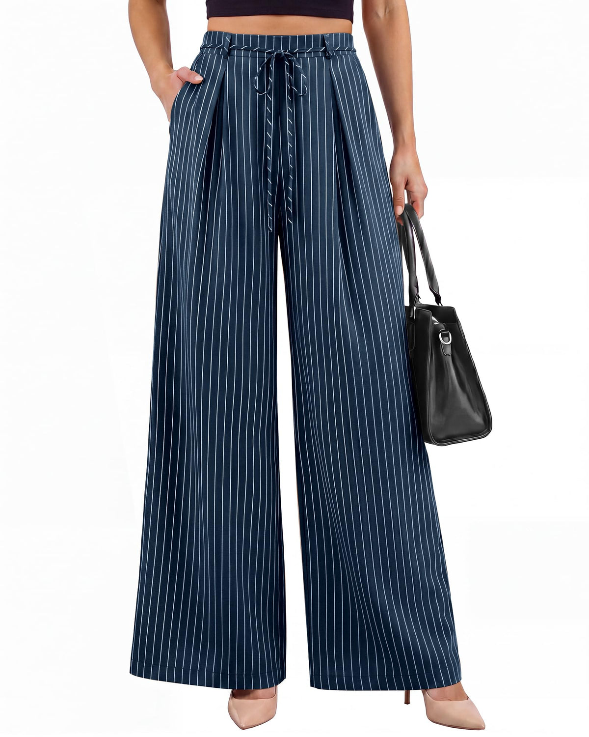 Youtalia Wide Leg Pants for Women Striped Drawstring Back Elastic Waist Trousers Casual with Pockets