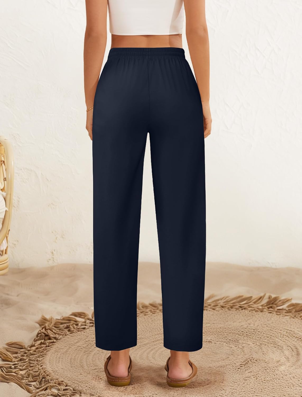 DLOODA Womens Linen Pants High Waisted Drawstring Casual Ankle Trousers
