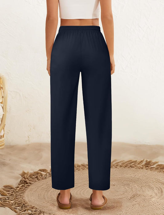 DLOODA Womens Linen Pants High Waisted Drawstring Casual Ankle Trousers