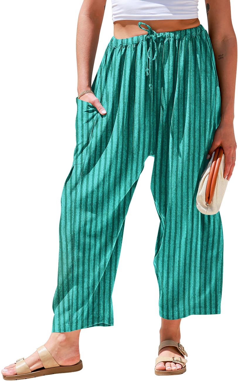 TARSE Womens Wide Leg Striped Linen Pants with Pocket