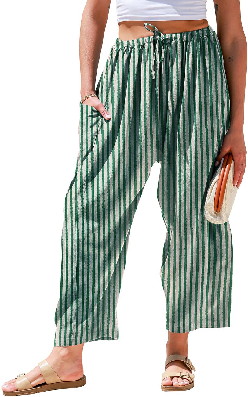 TARSE Womens Wide Leg Striped Linen Pants with Pocket