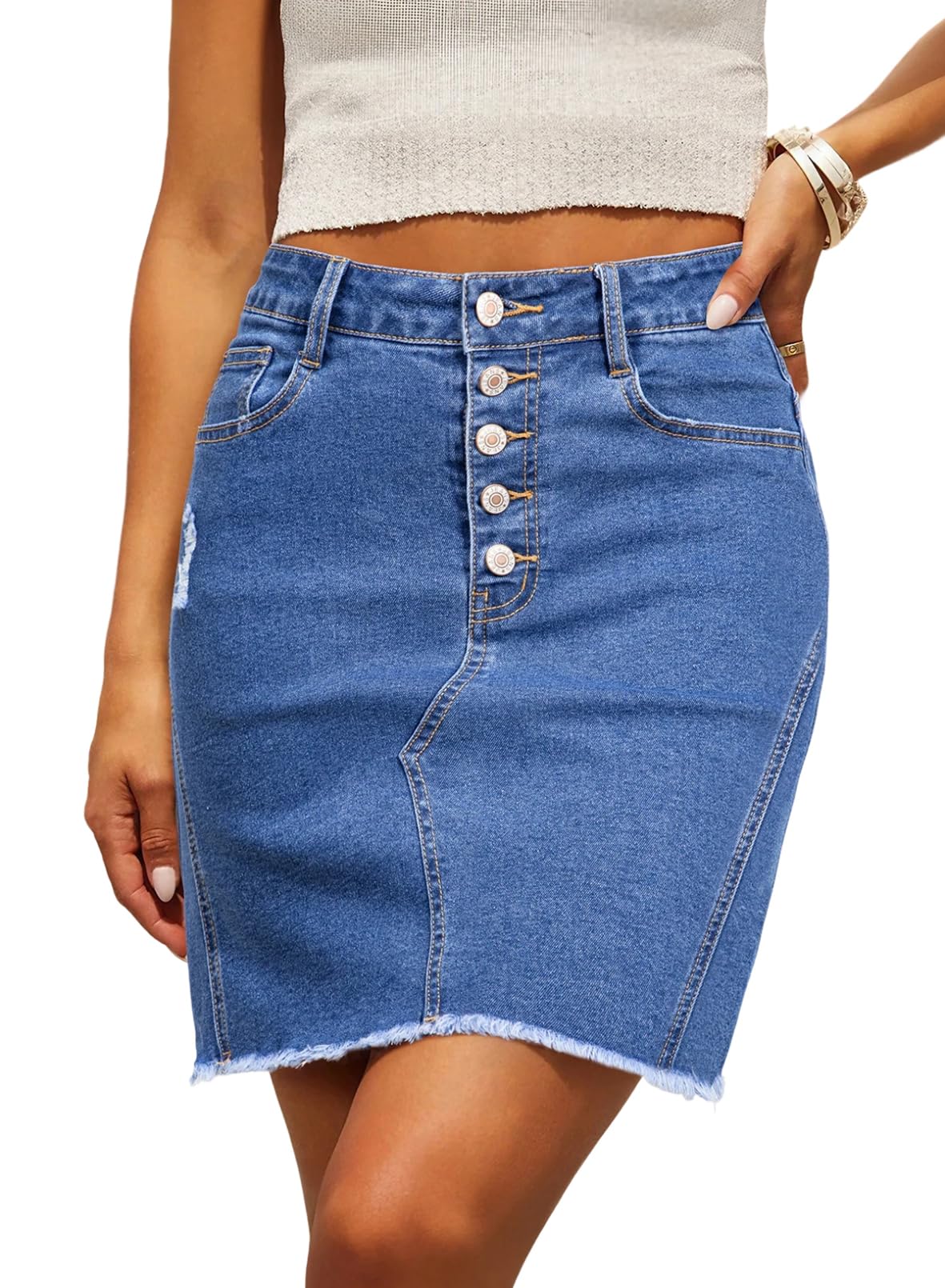 Sidefeel Women's Jean Skirt StretchyButton Fly Denim Skirt
