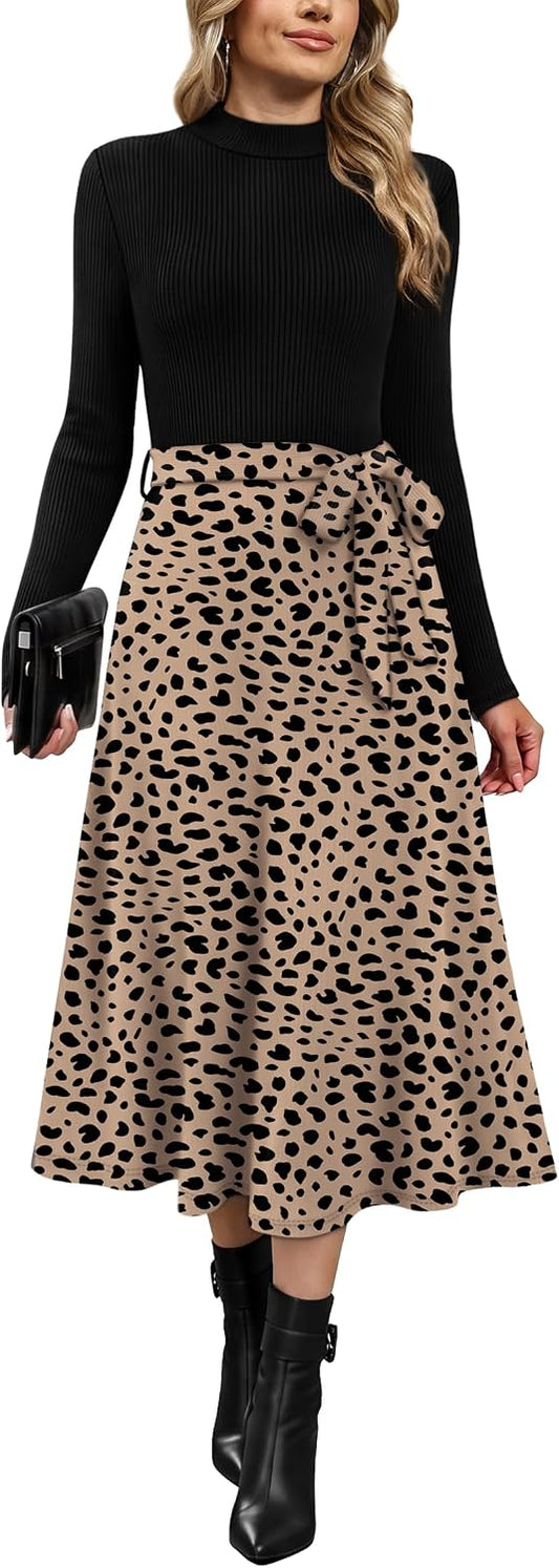 OFEEFAN Long Sleeve Dress Mock Neck Tie Waist Ribbed Knit Midi Dresses Fall Outfits