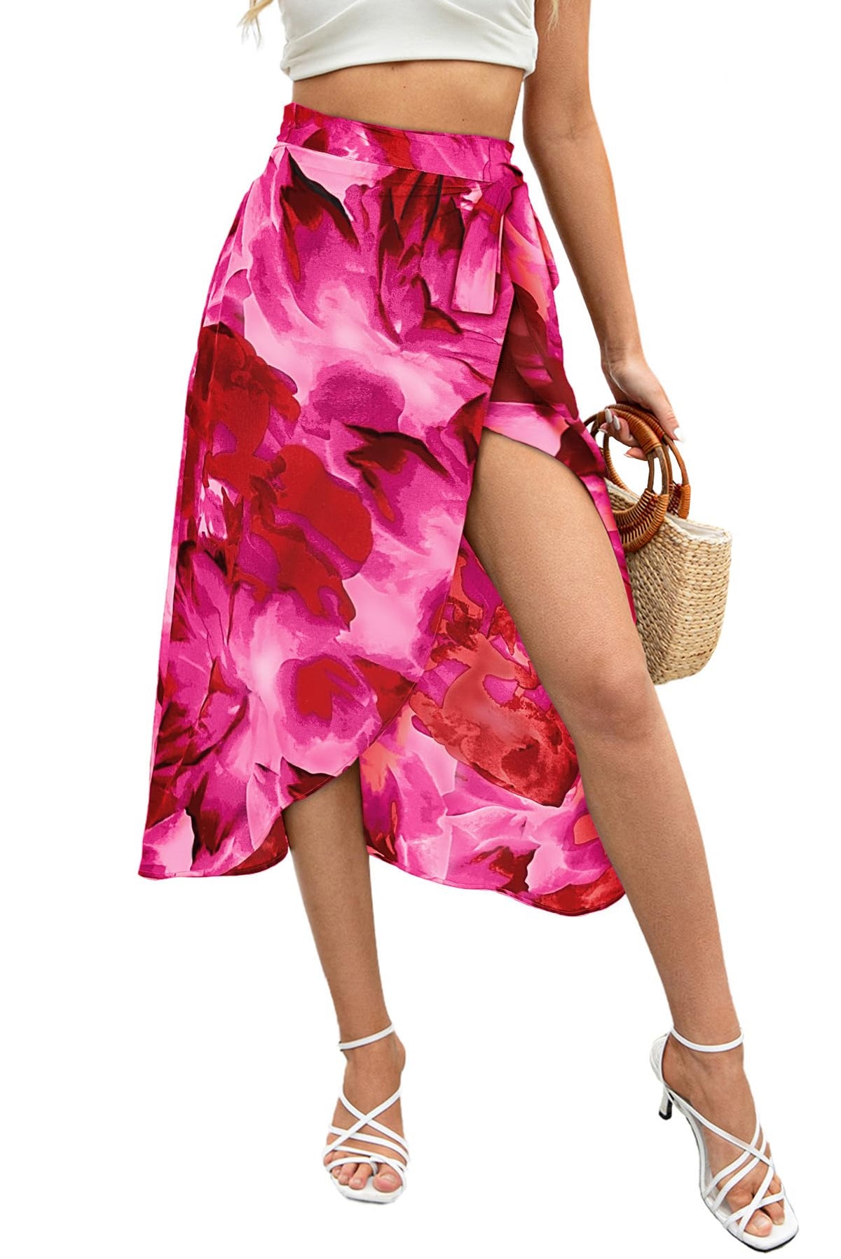 Newchoice Women's Boho Leopard Skirt High Low Split Summer Beach Midi Wrap Skirts