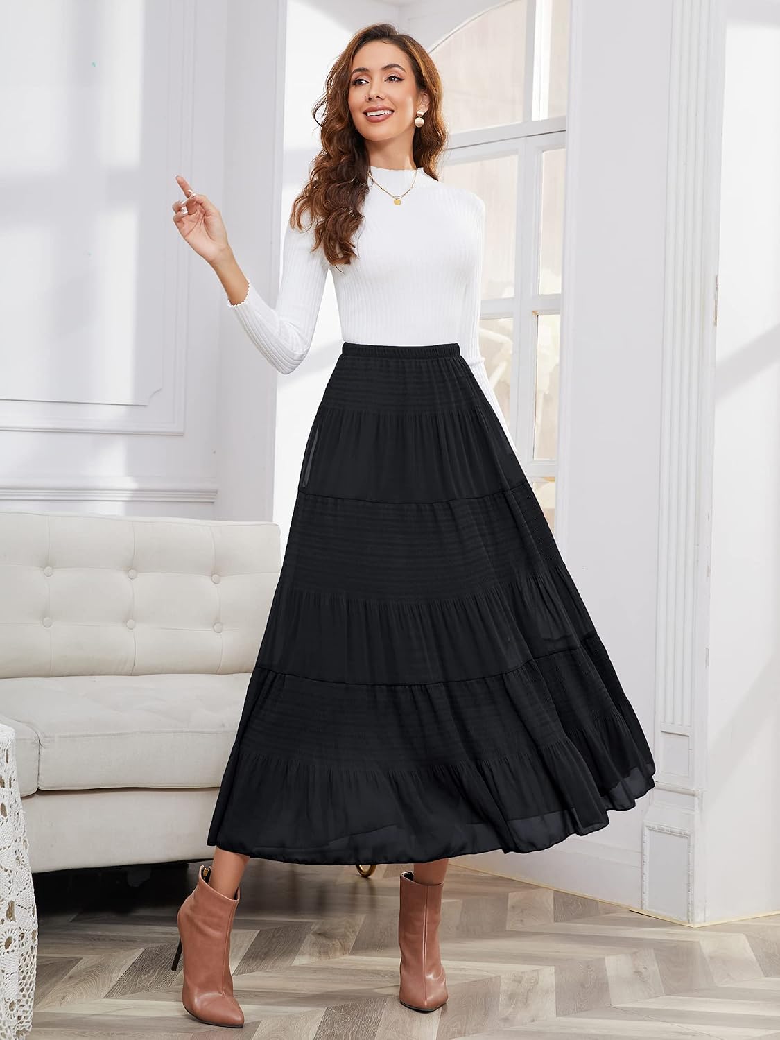 NASHALYLY Women's Chiffon Elastic High Waist Pleated A-Line Maxi Skirts