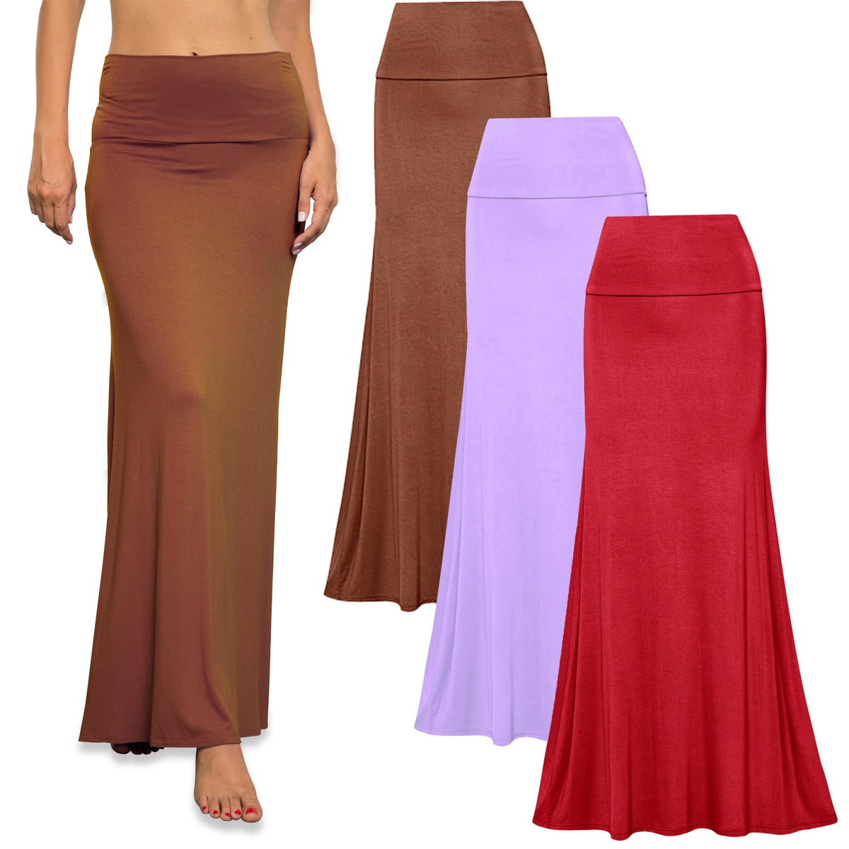 Free to Live 3 Pack Long Skirts for Women Fall Stretchy Flowy Maxi Skirt Dressy Casual for Work, Soft Fold Over High Waisted