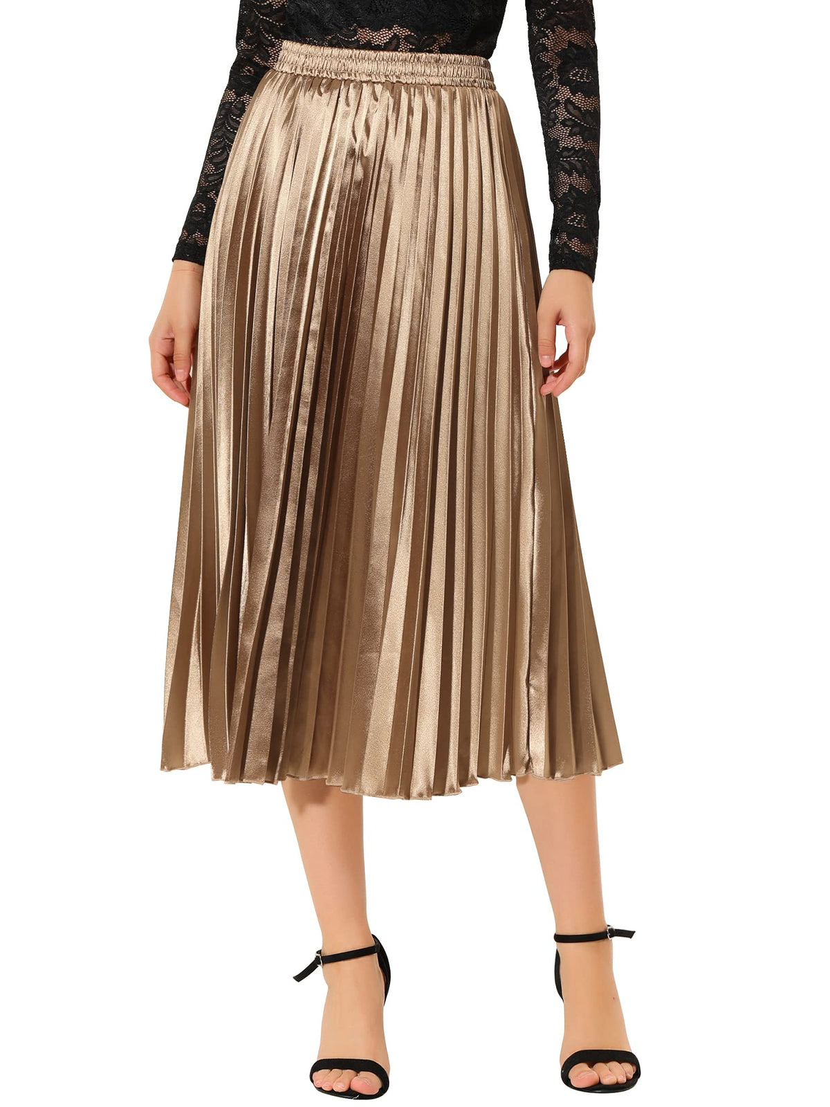 Allegra K Women Pleated Midi Skirt High Waisted Metallic Party Skirts