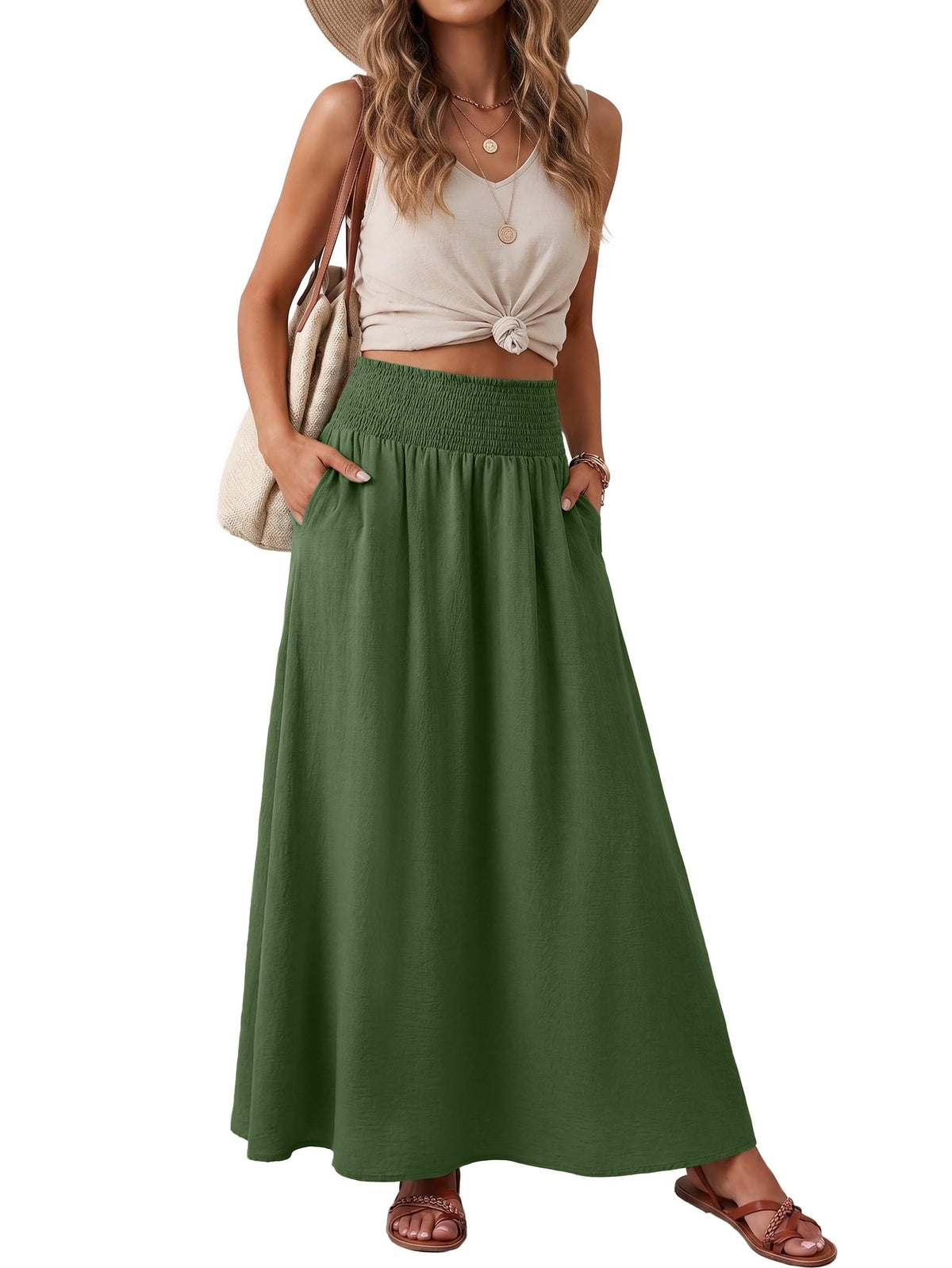 Lepunuo Maxi Skirts for Women Smocked Elastic High Waisted Casual Boho Swing Pleated Beach Long Skirts with Pockets