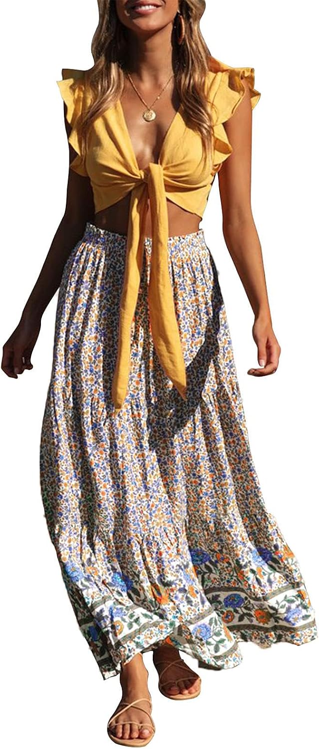 ZESICA Women's Bohemian Floral Printed Elastic Waist A Line Maxi Skirt
