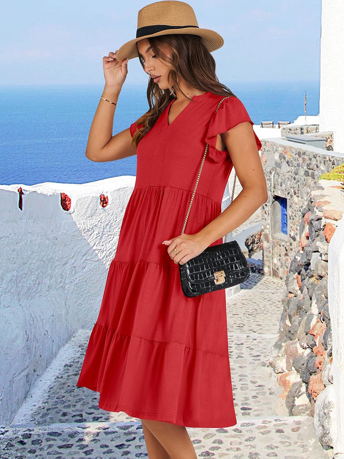 ANRABESS Womens Summer Dress Ruffle Sleeve V Neck Midi Dresses