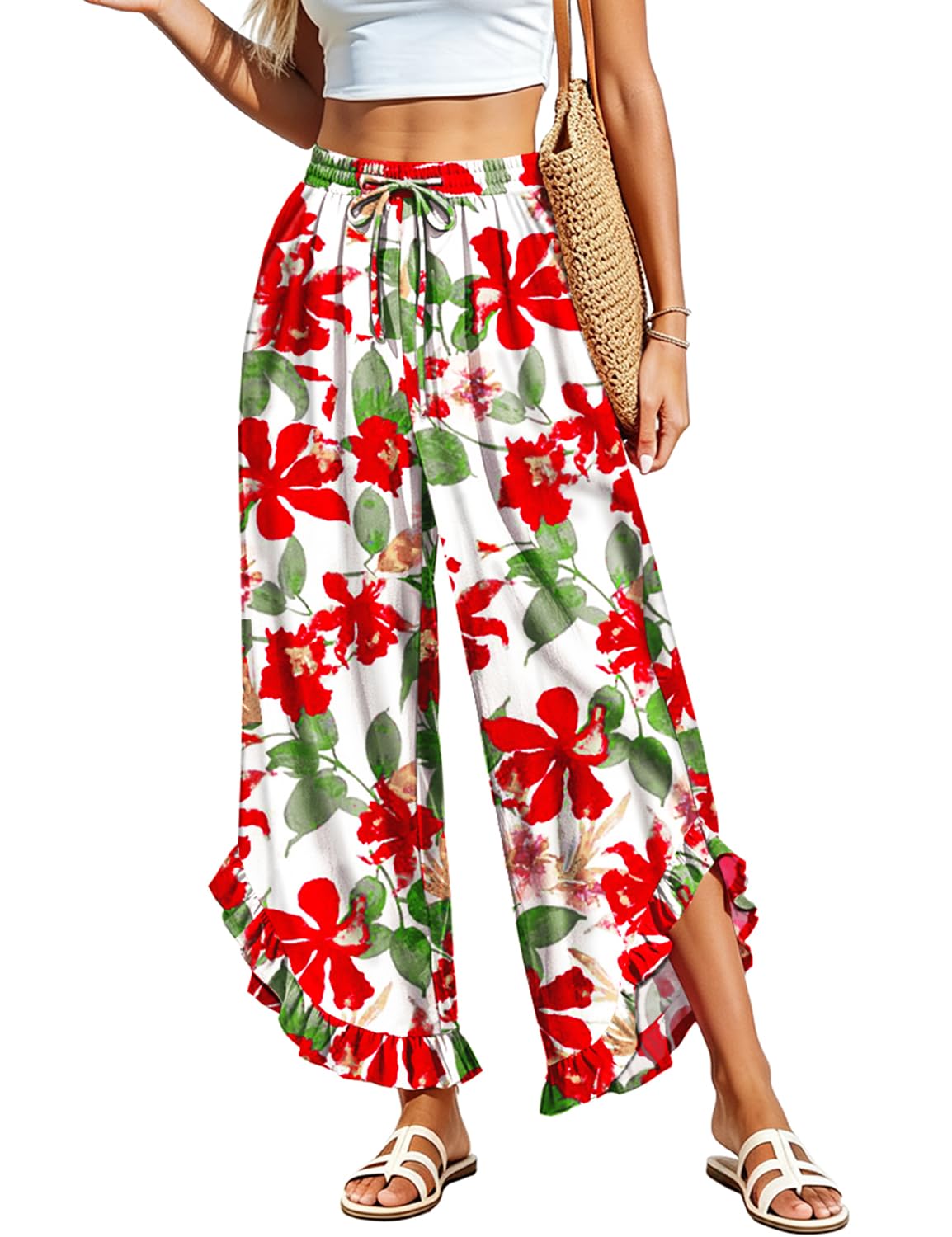 YESNO Women's Summer Wide Leg Ruffle Hem Cropped Casual Pants PAR