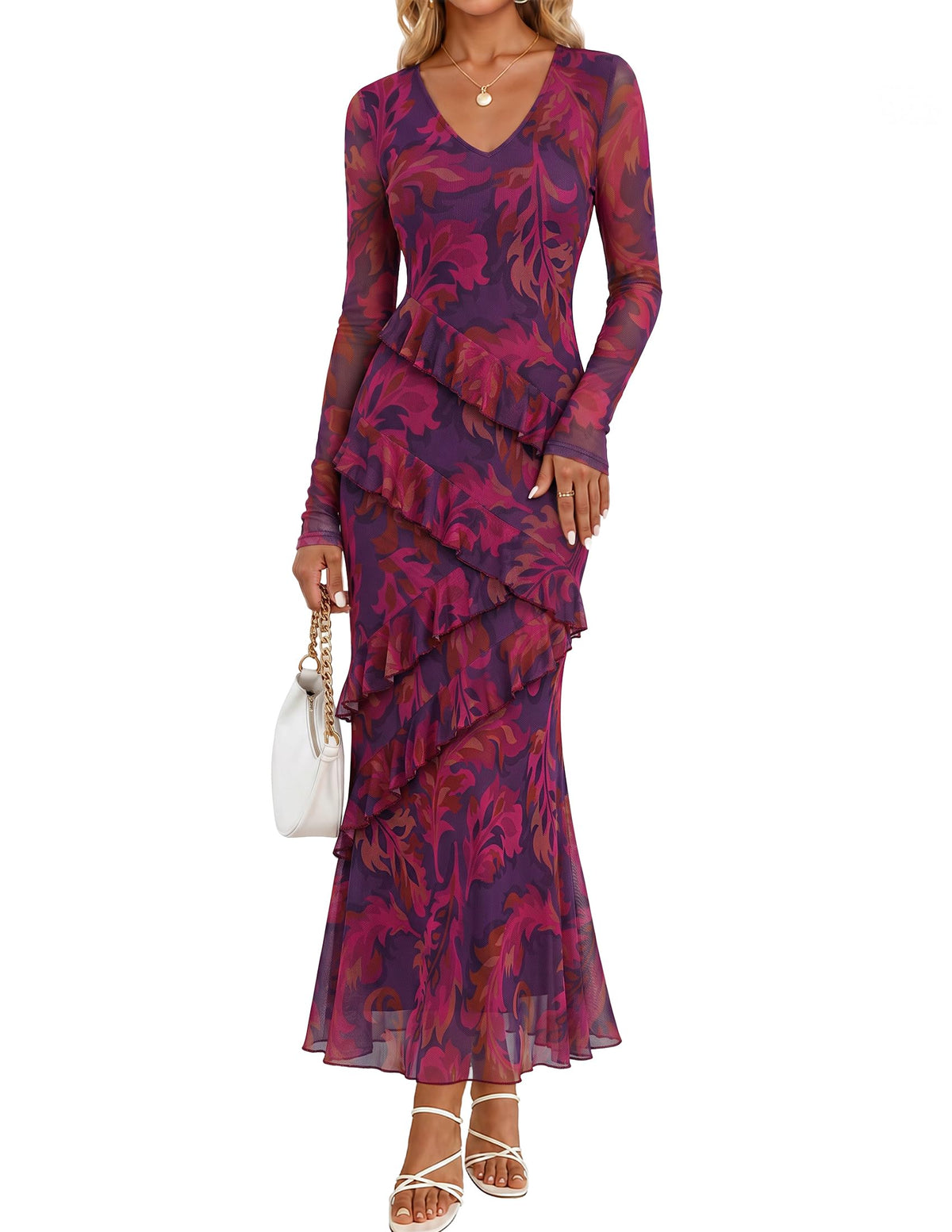 MEROKEETY Womens Fall Wedding Guest Floral Long Sleeve Bodycon Maxi Dress