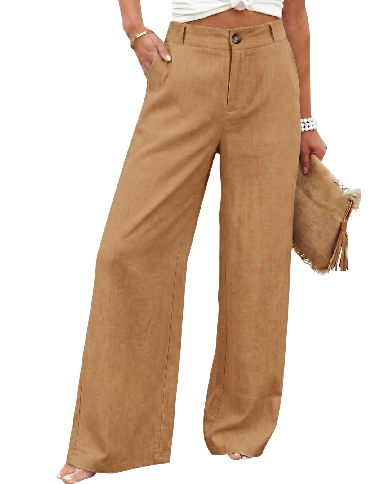 Hooever Womens Cotton Linen Pants Casual Button Up High Waisted Wide Leg Trousers