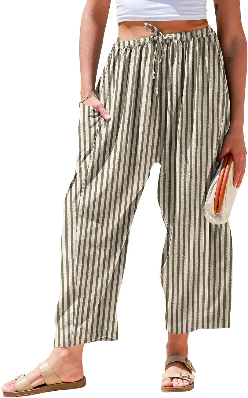 TARSE Womens Wide Leg Striped Linen Pants with Pocket