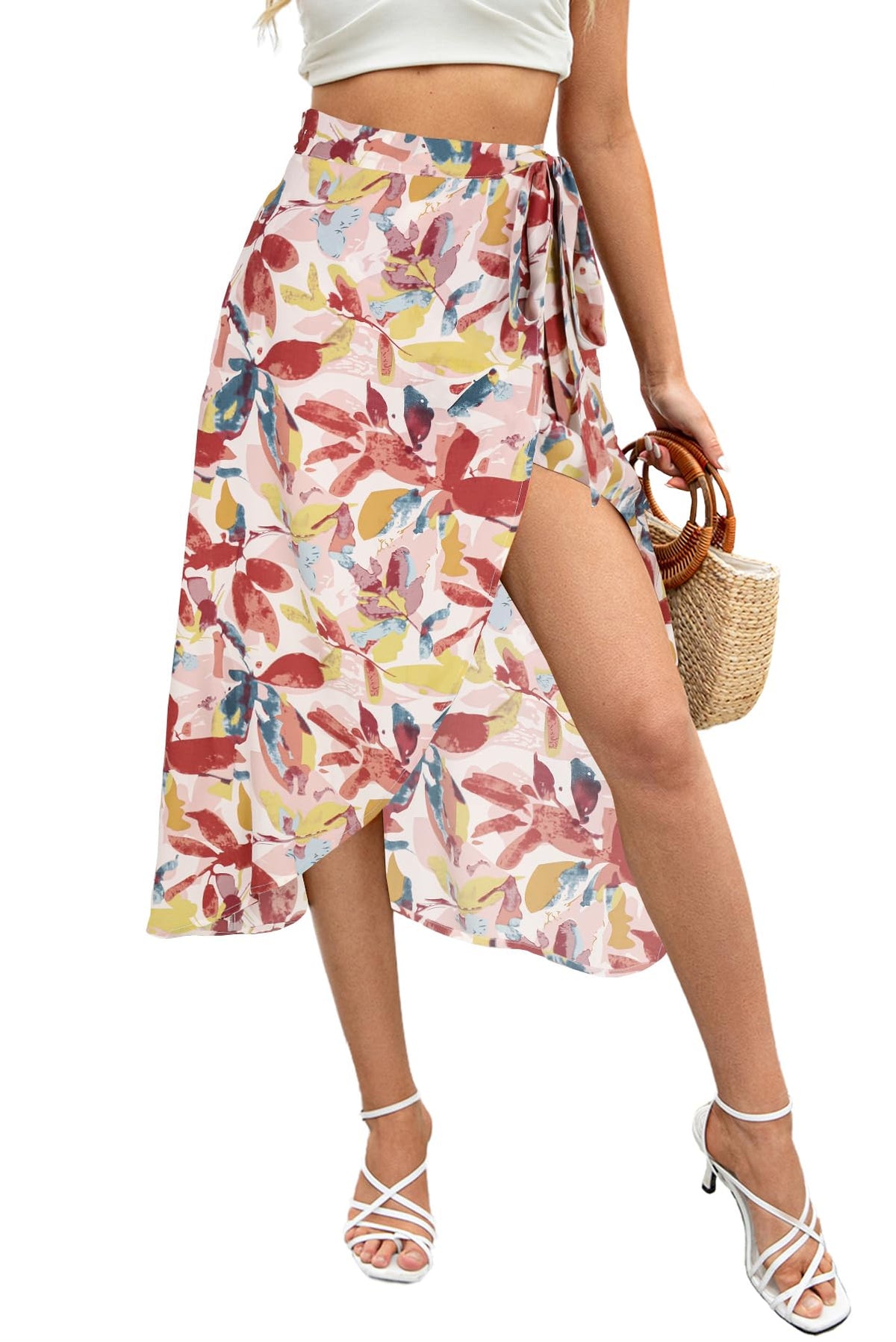 Newchoice Women's Boho Leopard Skirt High Low Split Summer Beach Midi Wrap Skirts