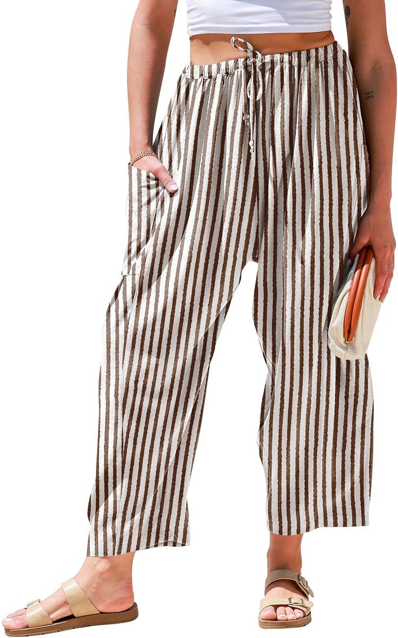 TARSE Womens Wide Leg Striped Linen Pants with Pocket
