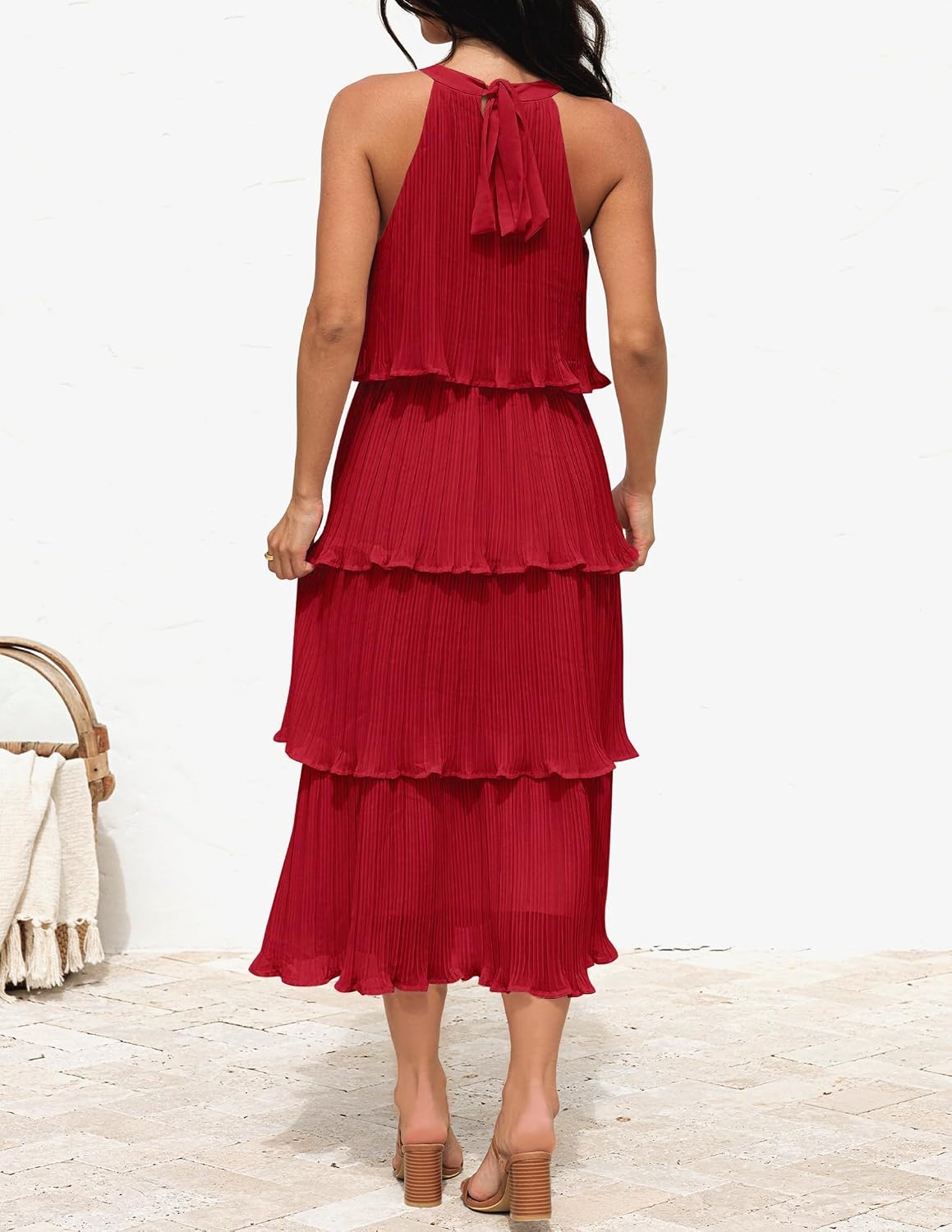 ZESICA Womens Summer Halter Ruffle Wedding Guest Midi Dresses