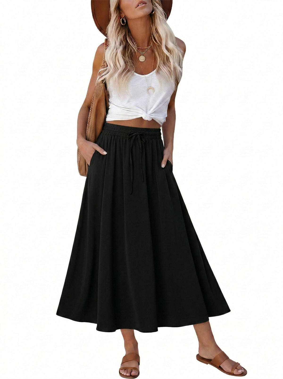 Magritta Women's Print Midi Skirt with Pocket Elastic High Waist 2026 Trendy A-Line Bohe Leopardr Swing Skirts for Women