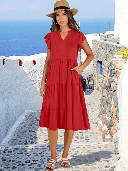ANRABESS Womens Summer Dress Ruffle Sleeve V Neck Midi Dresses