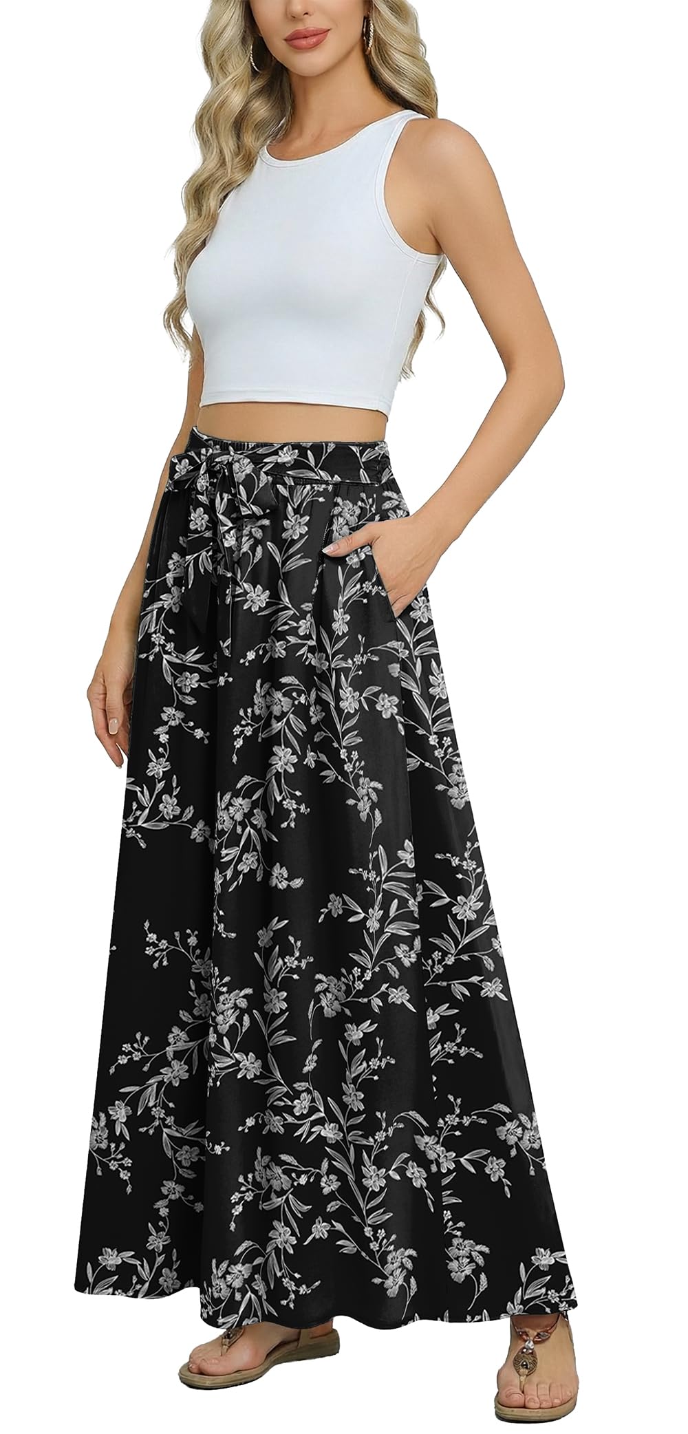 Askyes Womens Maxi Skirt Summer Trendy Tie Knot Elastic High Waisted Boho Casual Beach Flowy Swing Long Skirts with Pockets