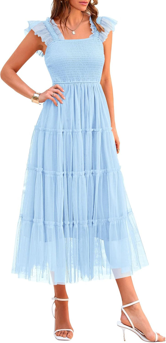 PRETTYGARDEN Women's Summer Smocked Midi Tulle Dress