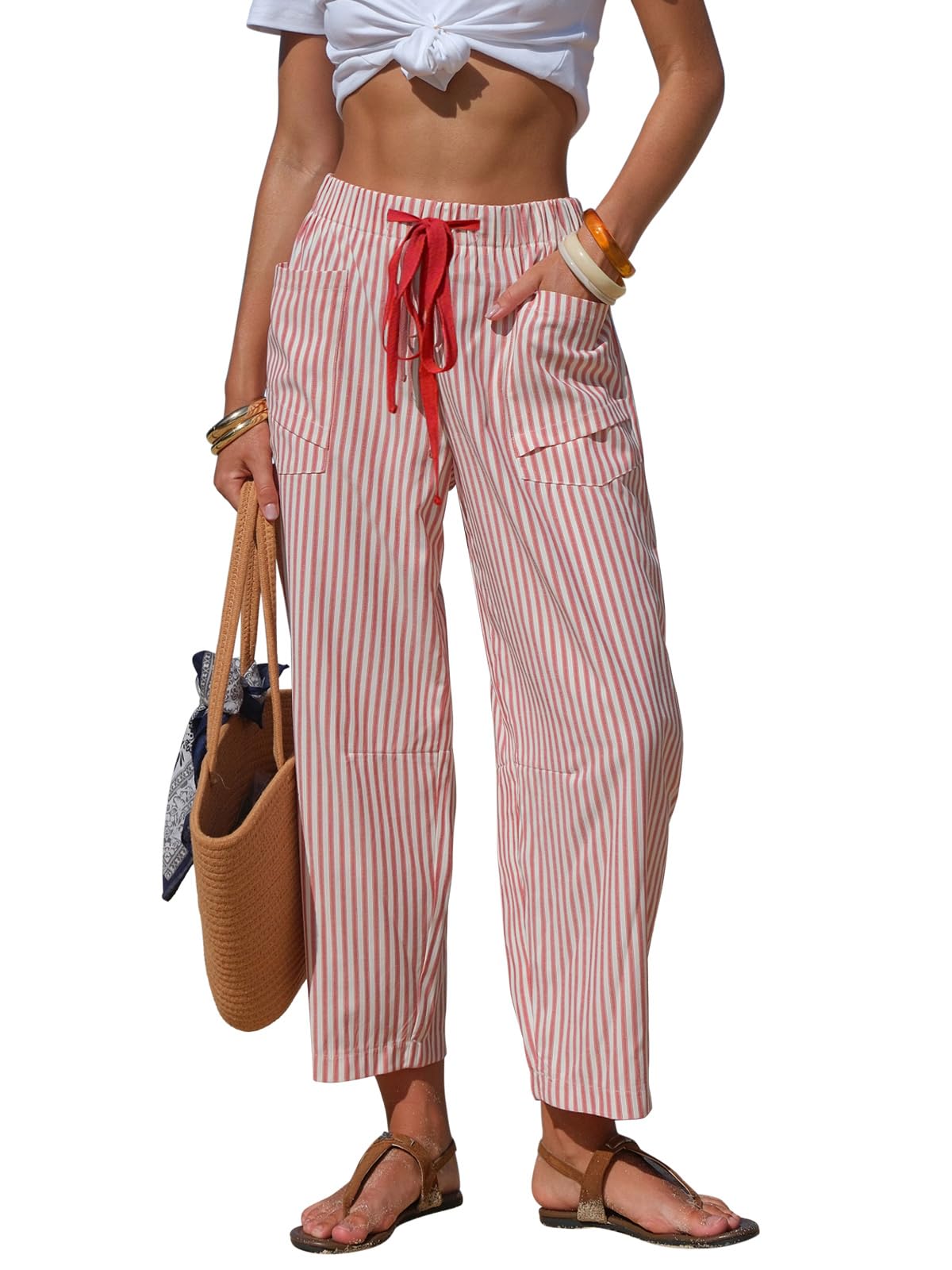 EXLURA Womens Faux Linen Striped Barrel Capri Pants Drawstring Trousers
