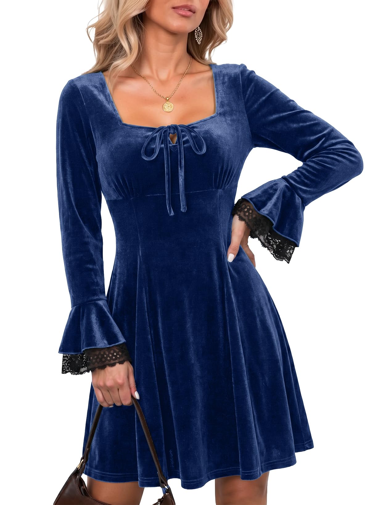 Dokotoo Womens Fall Dresses Lace Long Sleeve Velvet Dress