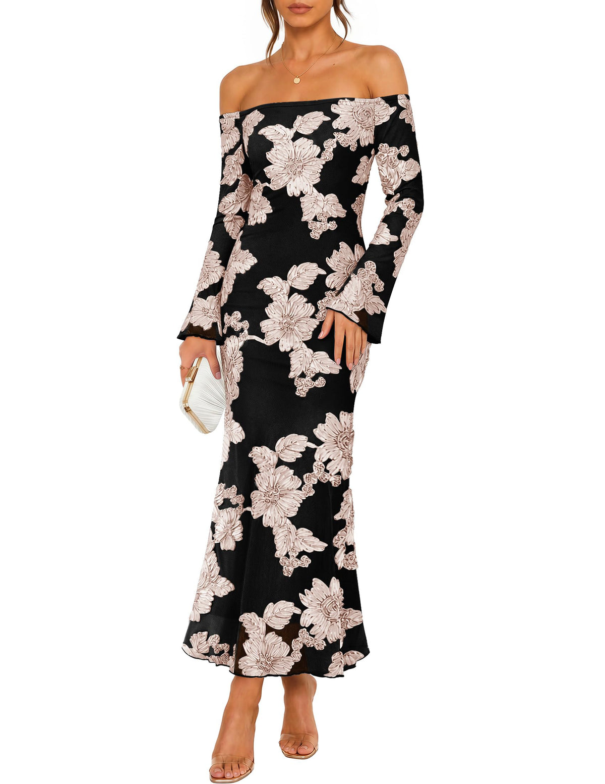 ZESICA Women's Fall Off Shoulder Floral Wedding Guest Maxi Dresses