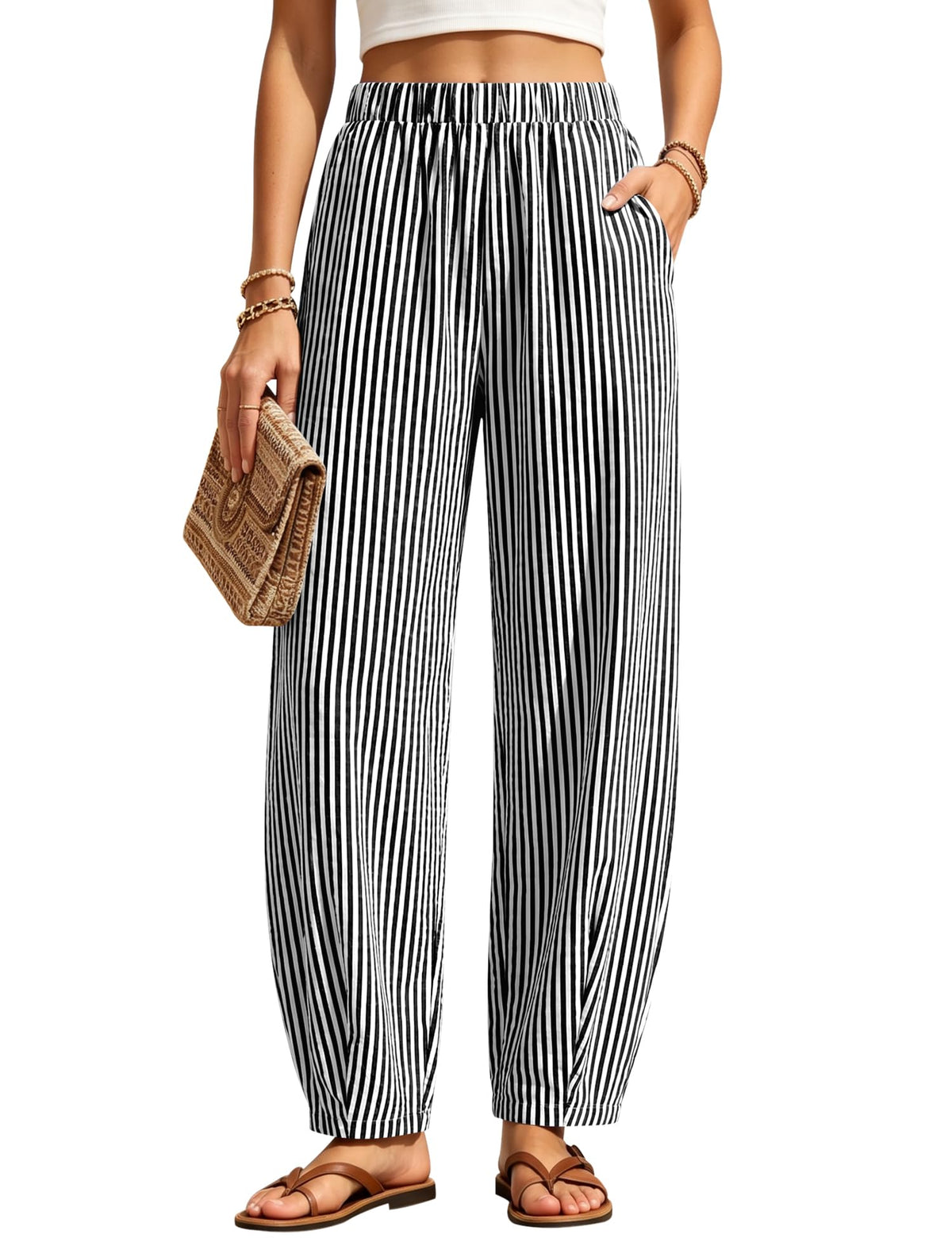 LOMON Womens Barrel Harem Travel Pants Baggy Casual Gingham Striped Bottoms