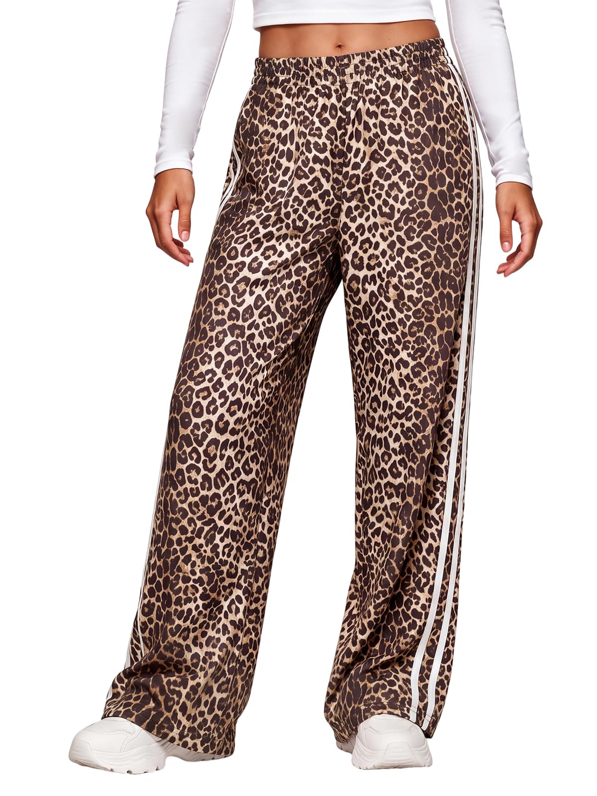 Aoysky Womens Wide Leg Leopard Pants Elastic Waist Side Striped Trousers