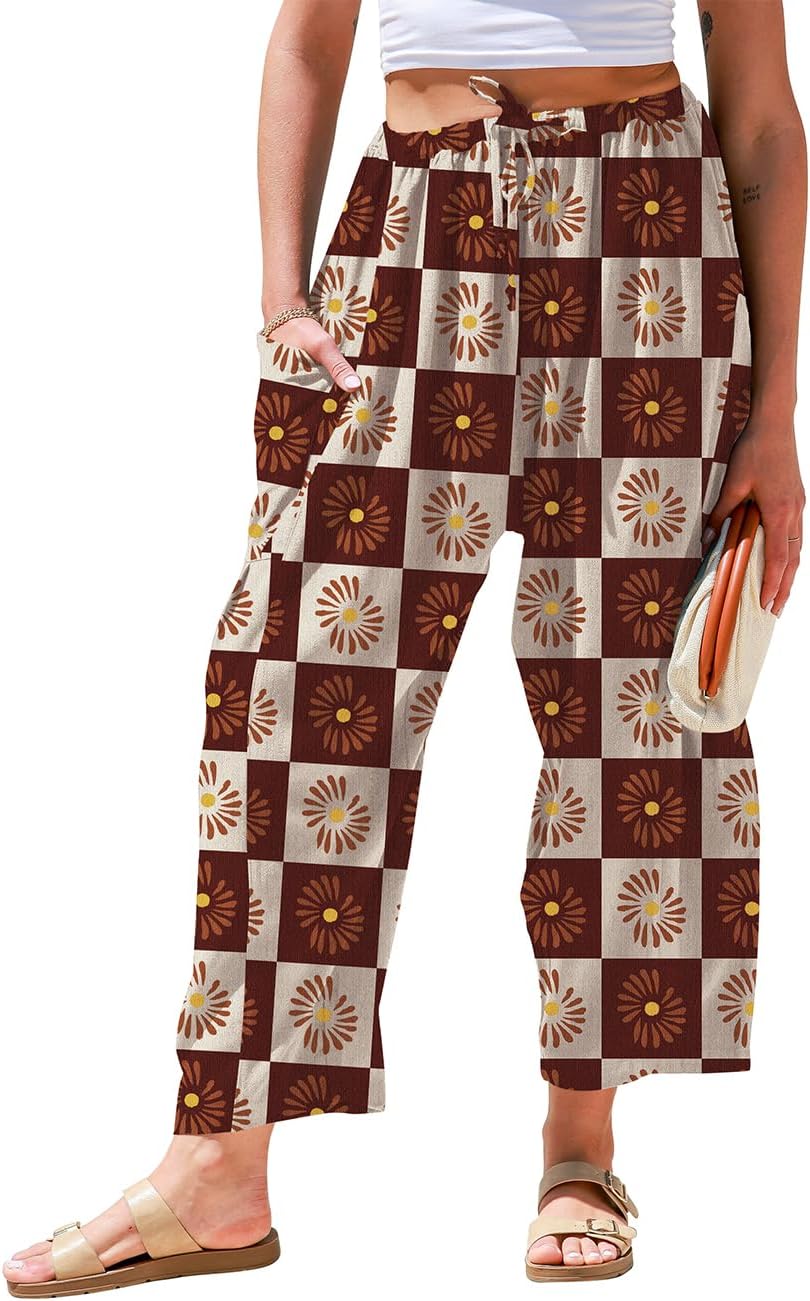 TARSE Womens Linen Palazzo Pants Wide Leg Casual Loose Drawstring Pants
