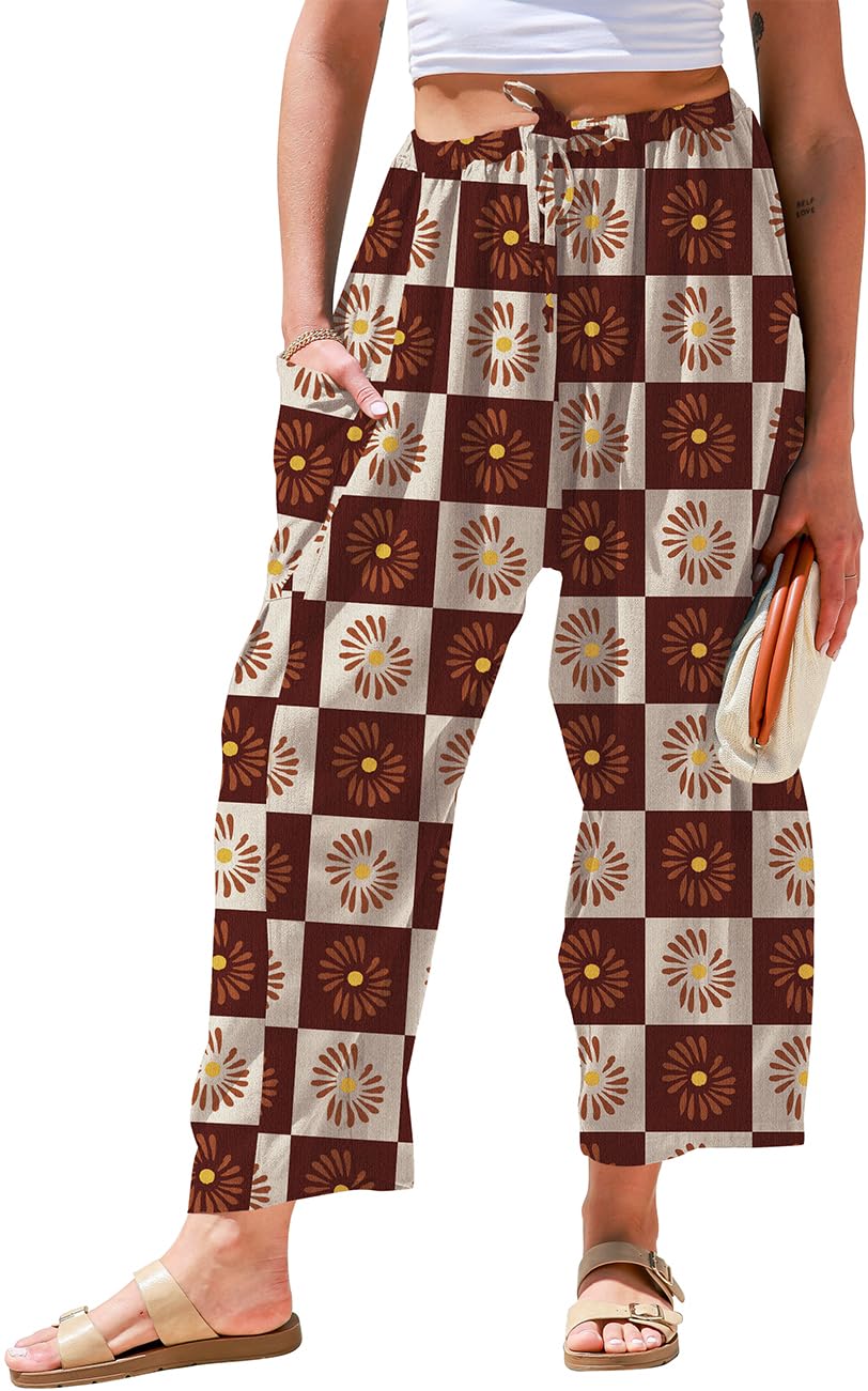 TARSE Womens Linen Palazzo Pants Wide Leg Casual Loose Drawstring Pants