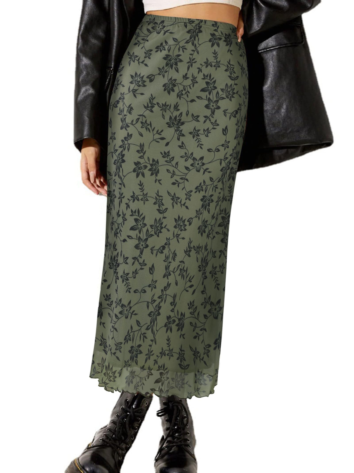 Avanova Women Mesh Floral Boho Midi Skirt High Waist Long Skirt