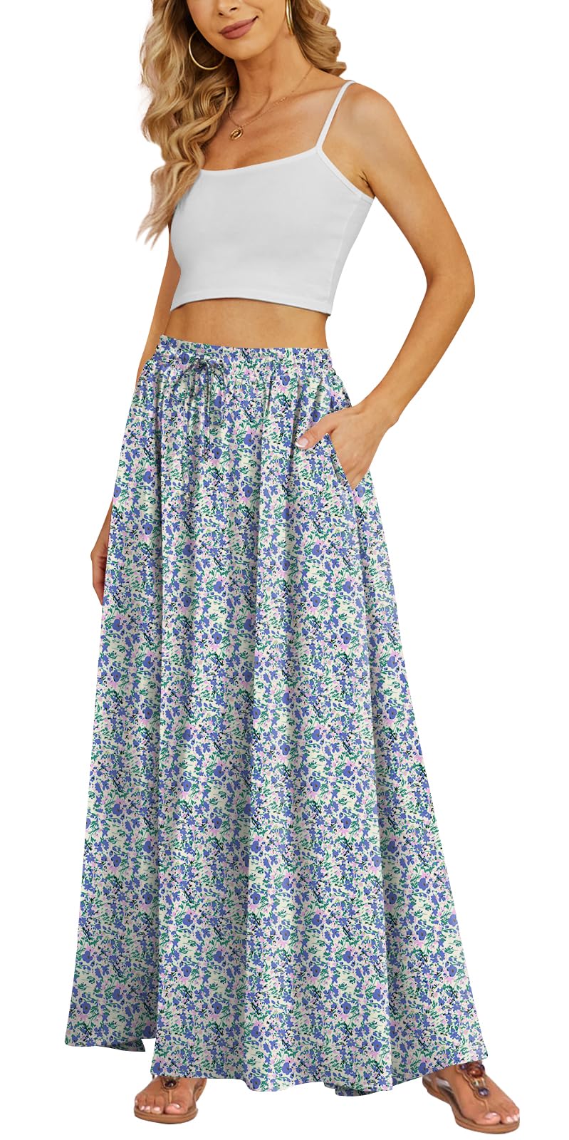 Yincro Women's Maxi Skirt Flowy High Waist Casual Long Skirts with Pockets