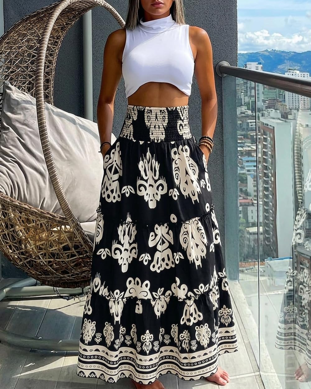 CHICME Women's Boho Floral Summer Maxi Skirt with Pockets Vacation Outfit