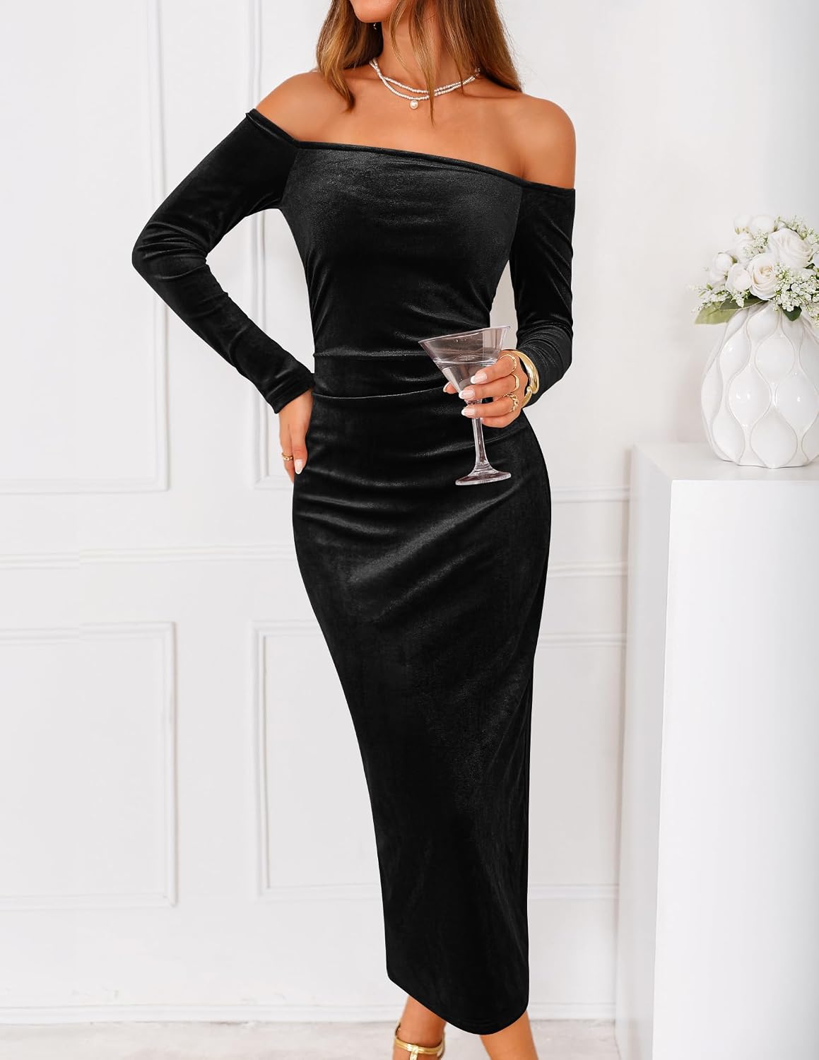 ZESICA Womens Velvet Long Sleeve Off Shoulder Formal Bodycon Maxi Dress