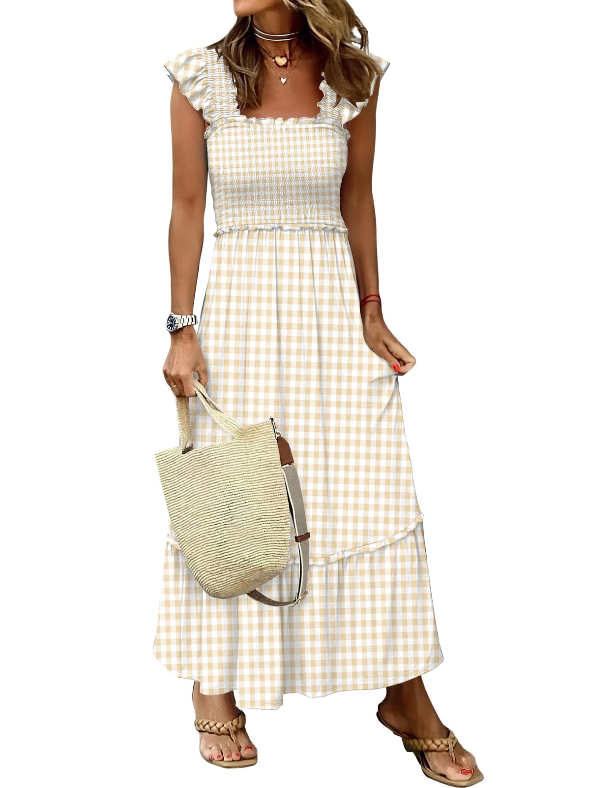 ANRABESS Womens Summer Sleeveless Maxi Dress Square Neck Smocked Boho Casual Ruffle Strap Flowy A-Line Long Beach Sundress